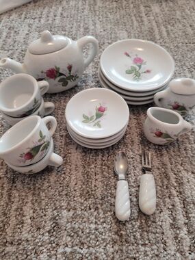 Porcelain Mini Tea Set with Pink Rose Motif